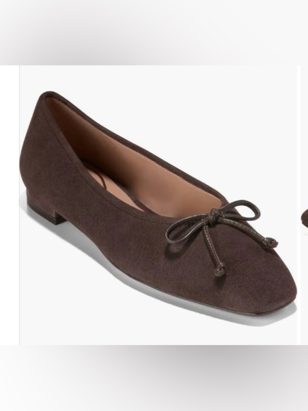 Cole Haan Dark Brown Suede Square-Toe Ballet Flats with Bow. Size 7,5B New.